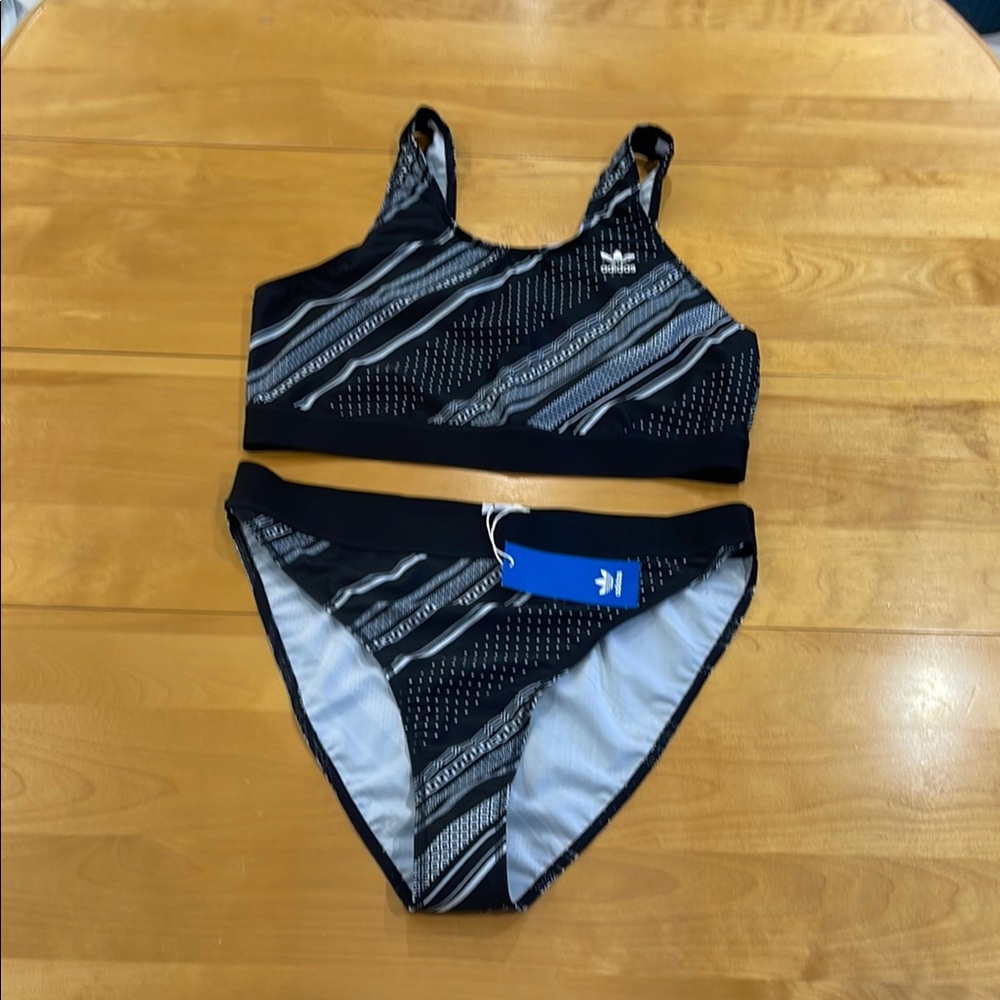Adidas Black and White Striped Bikini Set